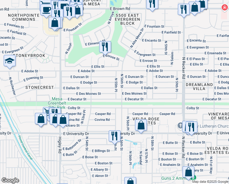 map of restaurants, bars, coffee shops, grocery stores, and more near 629 North 55th Place in Mesa