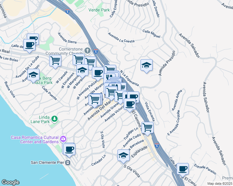 map of restaurants, bars, coffee shops, grocery stores, and more near 106 Avenida Del Mar in San Clemente