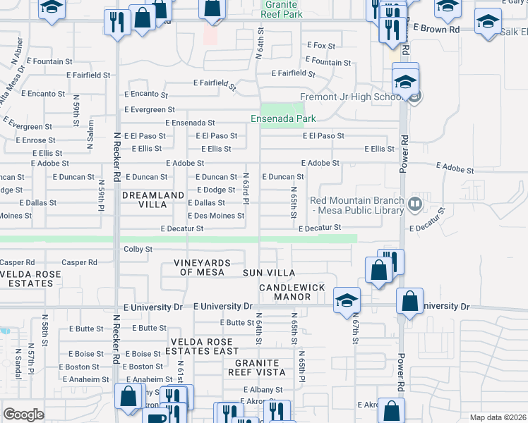 map of restaurants, bars, coffee shops, grocery stores, and more near 6408 East Des Moines Street in Mesa
