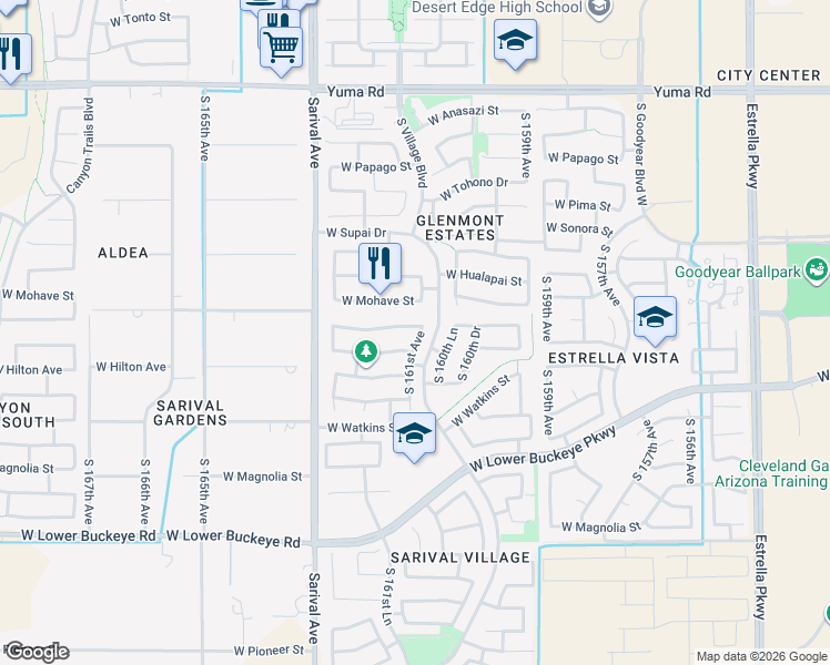 map of restaurants, bars, coffee shops, grocery stores, and more near 16115 West Durango Street in Goodyear