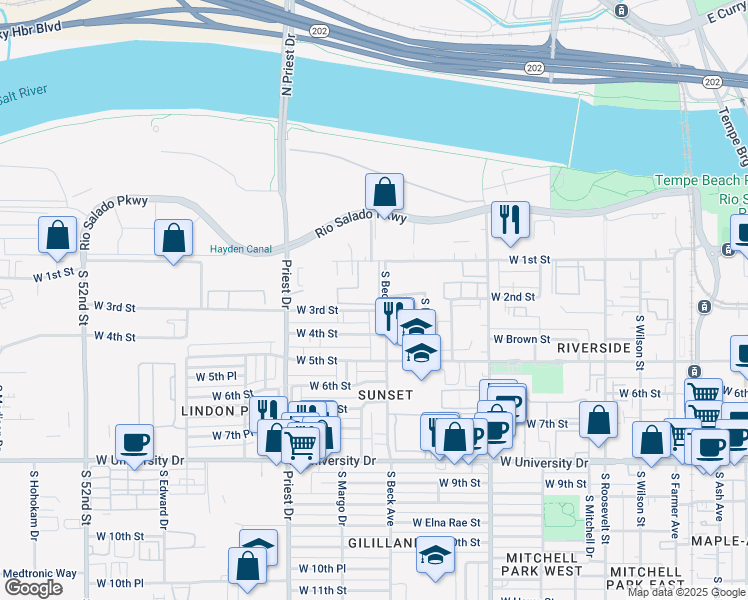 map of restaurants, bars, coffee shops, grocery stores, and more near 12 Apartment in Tempe