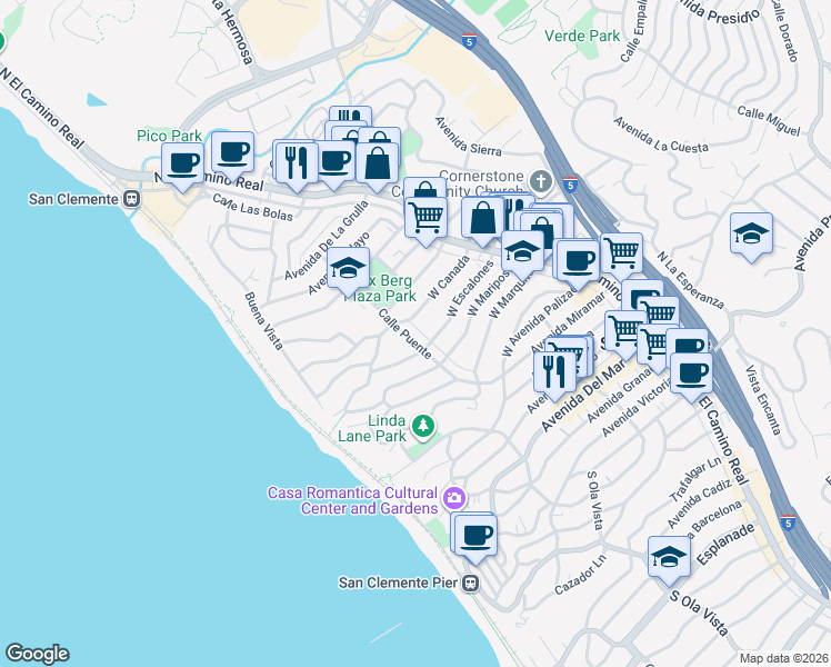 map of restaurants, bars, coffee shops, grocery stores, and more near 810 Calle Puente in San Clemente