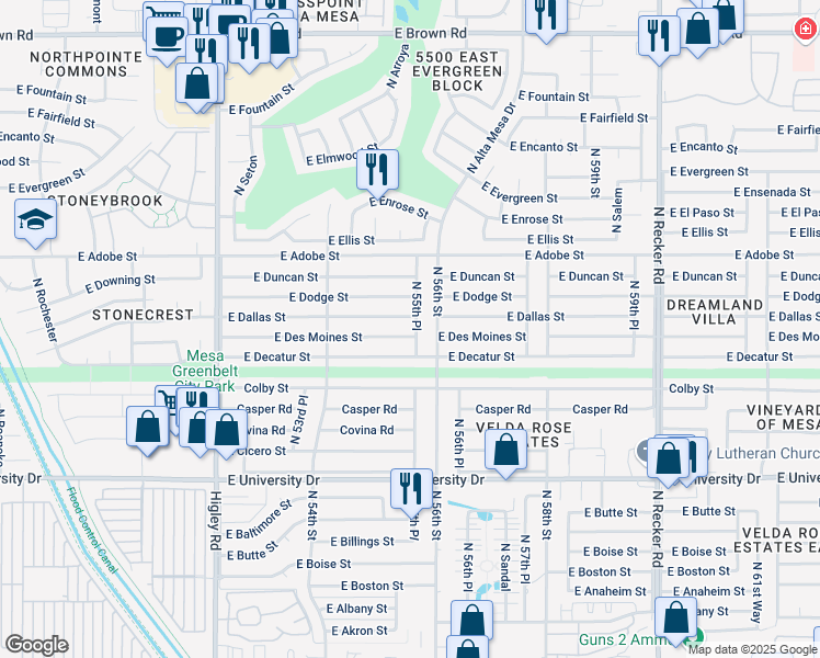 map of restaurants, bars, coffee shops, grocery stores, and more near 629 North 55th Place in Mesa