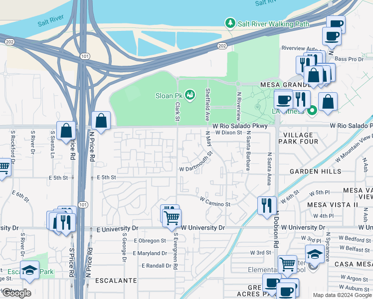map of restaurants, bars, coffee shops, grocery stores, and more near 711 North Evergreen Road in Mesa