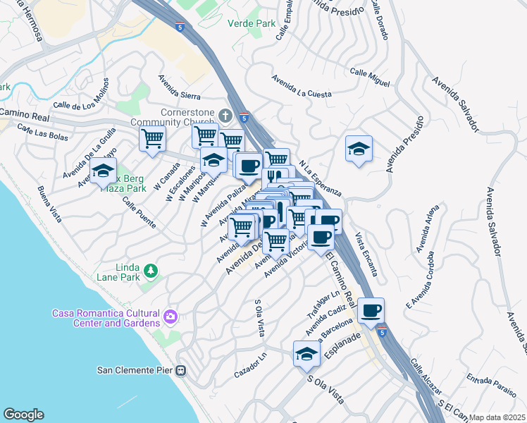 map of restaurants, bars, coffee shops, grocery stores, and more near 137 Avenida Serra in San Clemente