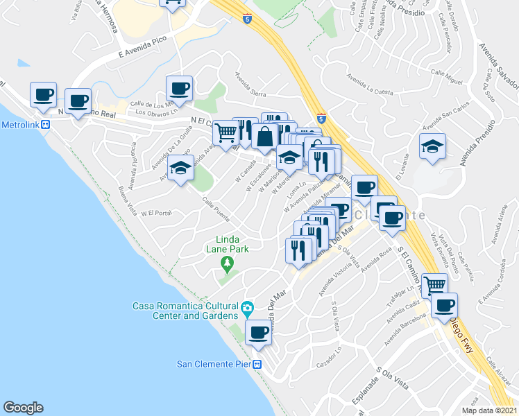 map of restaurants, bars, coffee shops, grocery stores, and more near 148 West Marquita in San Clemente