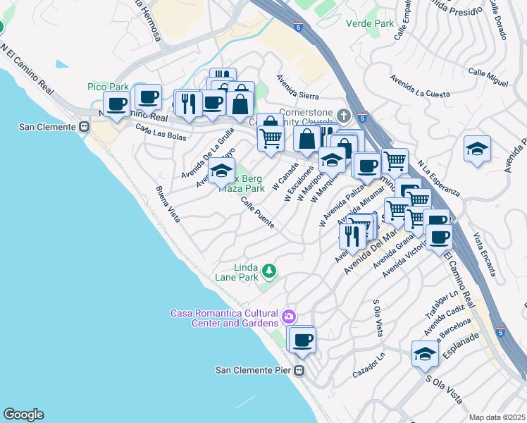 map of restaurants, bars, coffee shops, grocery stores, and more near 815 Calle Puente in San Clemente