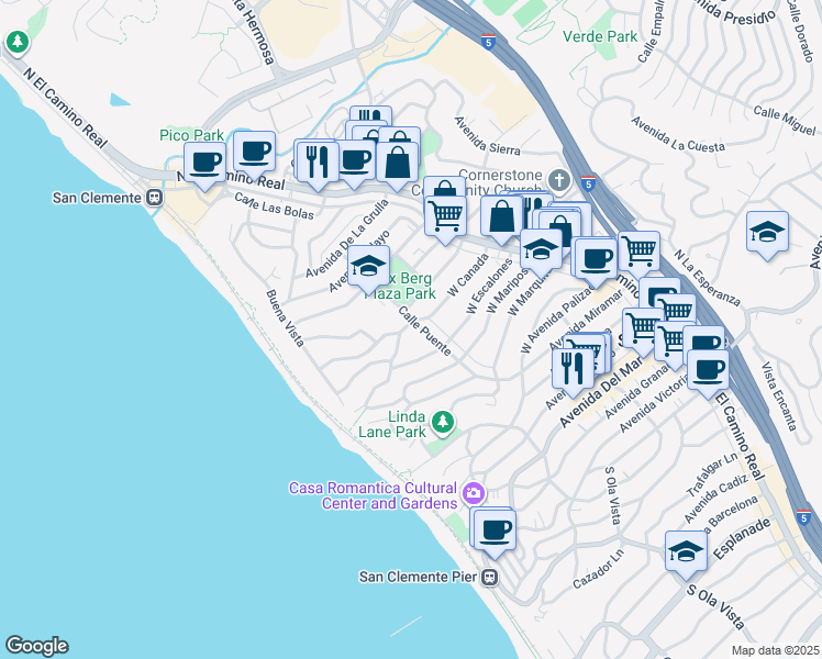 map of restaurants, bars, coffee shops, grocery stores, and more near 815 Calle Puente in San Clemente