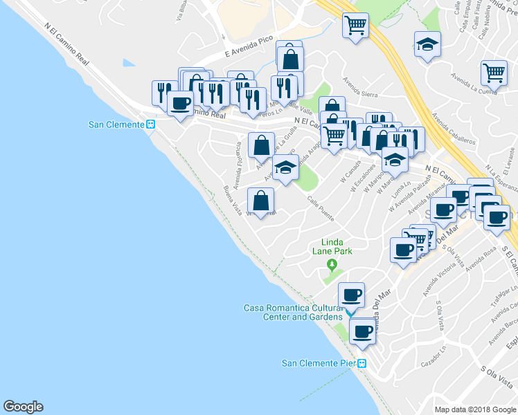 map of restaurants, bars, coffee shops, grocery stores, and more near 234 Calle Oso in San Clemente