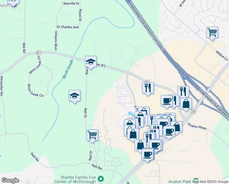 map of restaurants, bars, coffee shops, grocery stores, and more near Unnamed Road in McDonough