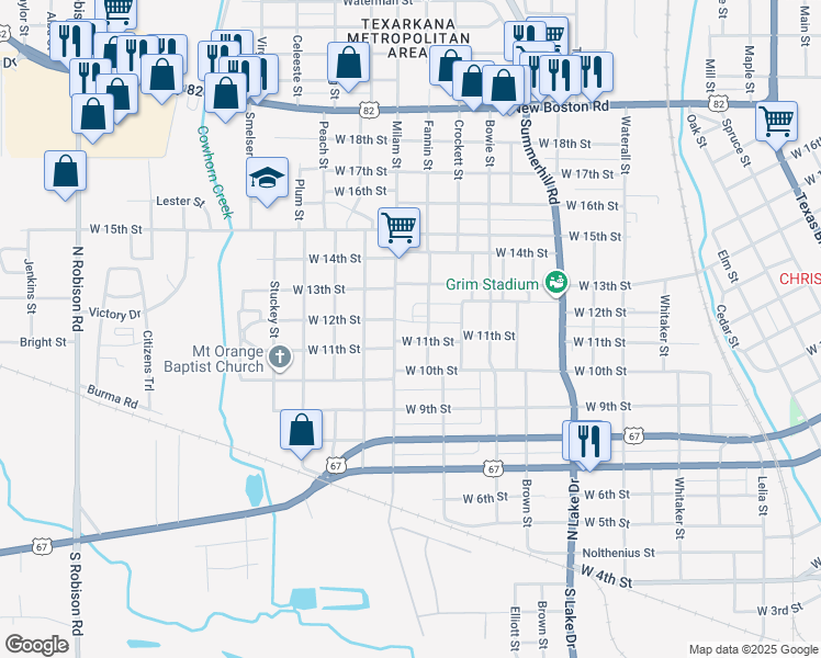 map of restaurants, bars, coffee shops, grocery stores, and more near 1105 Milam Street in Texarkana