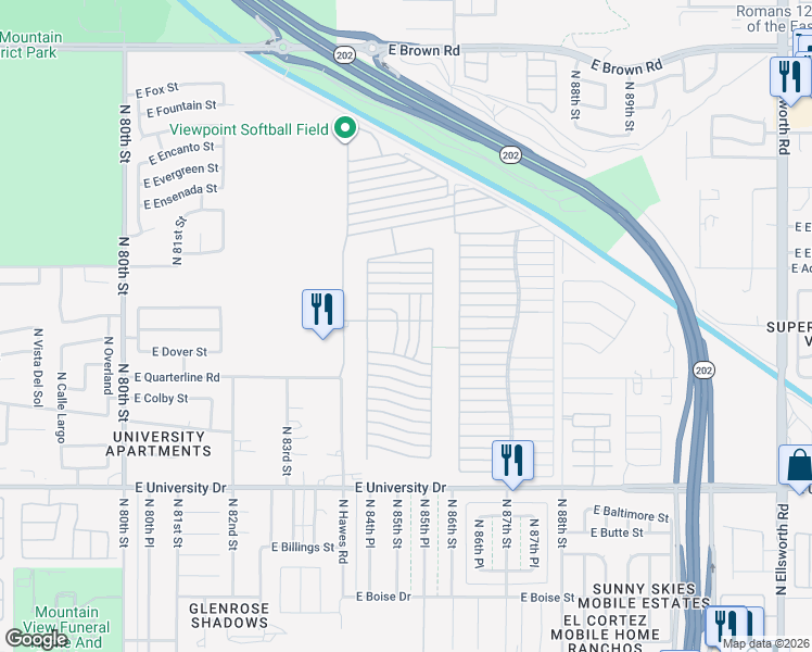map of restaurants, bars, coffee shops, grocery stores, and more near Ln 4100 in Mesa