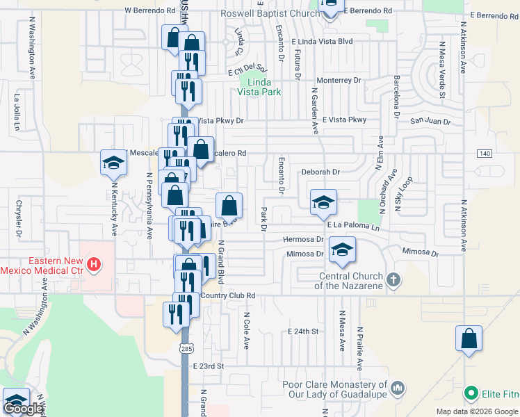 map of restaurants, bars, coffee shops, grocery stores, and more near 2704 Park Drive in Roswell