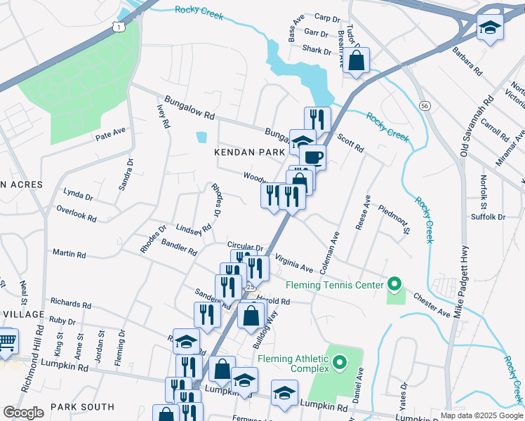 map of restaurants, bars, coffee shops, grocery stores, and more near 2535 Peach Orchard Road in Augusta