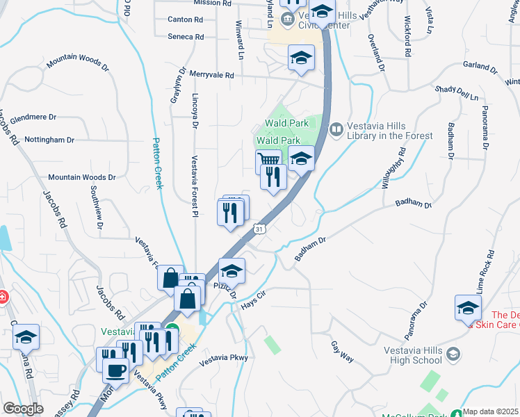 map of restaurants, bars, coffee shops, grocery stores, and more near 1330 Montgomery Highway in Vestavia Hills