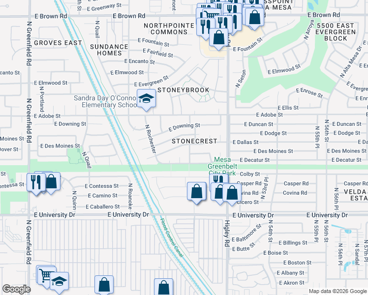 map of restaurants, bars, coffee shops, grocery stores, and more near 5009 East Dallas Street in Mesa