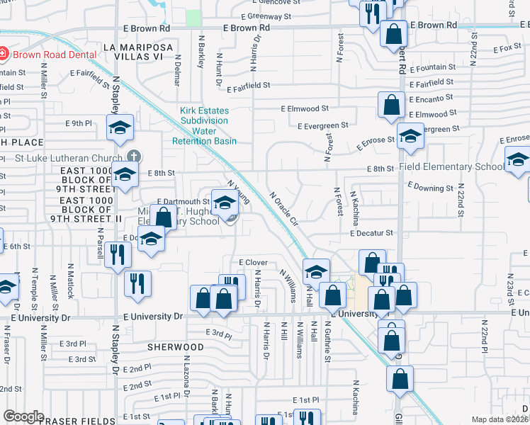 map of restaurants, bars, coffee shops, grocery stores, and more near 660 North Hall in Mesa