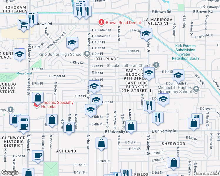map of restaurants, bars, coffee shops, grocery stores, and more near 914 East 6th Place in Mesa