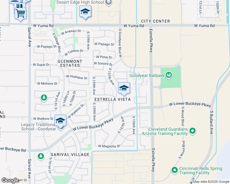 map of restaurants, bars, coffee shops, grocery stores, and more near 15750 West Apache Street in Goodyear