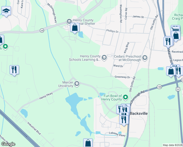 map of restaurants, bars, coffee shops, grocery stores, and more near 230 Greenway Drive in McDonough