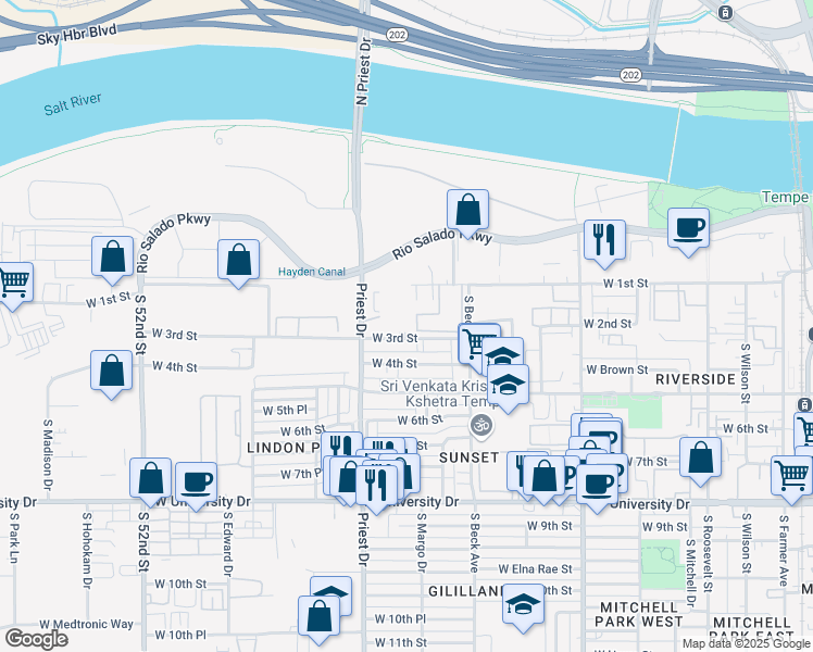map of restaurants, bars, coffee shops, grocery stores, and more near 1308 West 3rd Street in Tempe