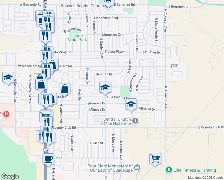 map of restaurants, bars, coffee shops, grocery stores, and more near 2701 North Garden Avenue in Roswell