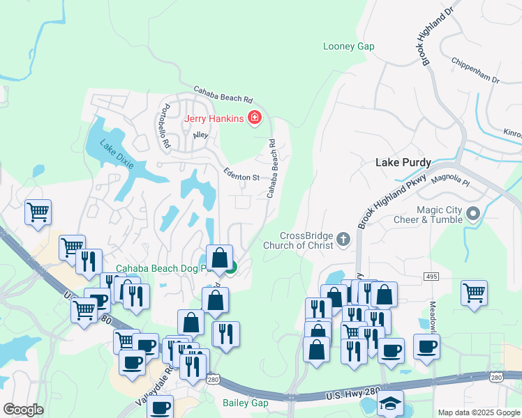 map of restaurants, bars, coffee shops, grocery stores, and more near 185 Lenox Drive in Birmingham
