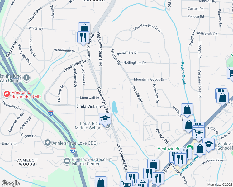 map of restaurants, bars, coffee shops, grocery stores, and more near 2508 Crossgate Place in Vestavia Hills