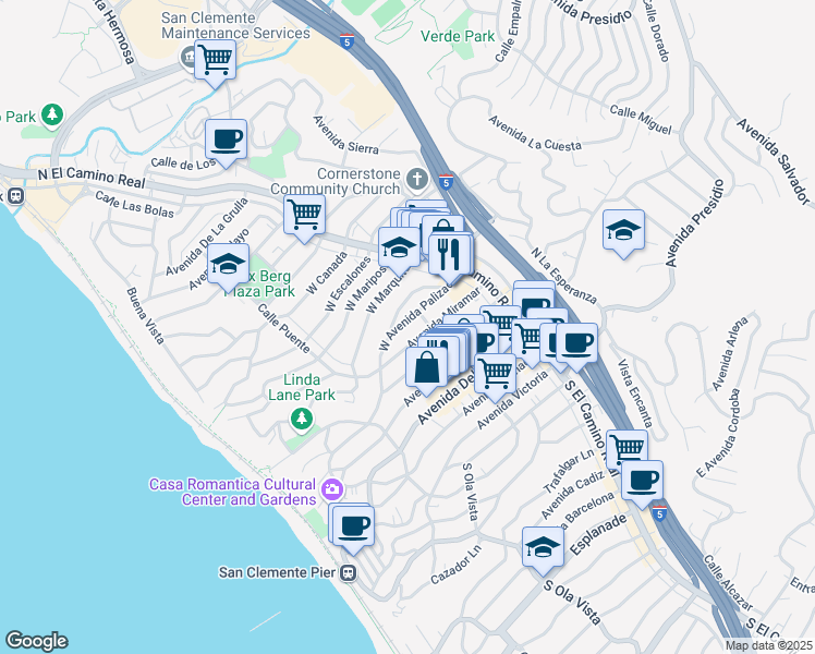 map of restaurants, bars, coffee shops, grocery stores, and more near 211 West Avenida Palizada in San Clemente