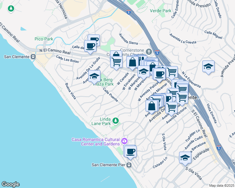 map of restaurants, bars, coffee shops, grocery stores, and more near 156 West Escalones in San Clemente