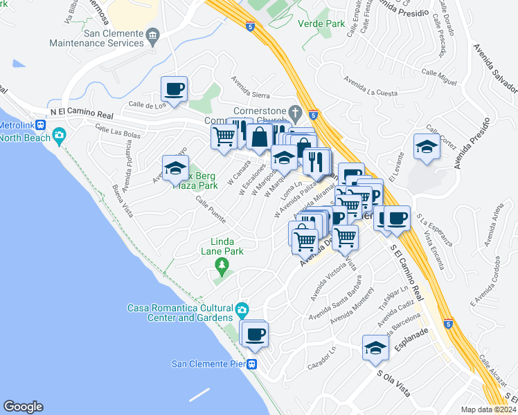 map of restaurants, bars, coffee shops, grocery stores, and more near in San Clemente