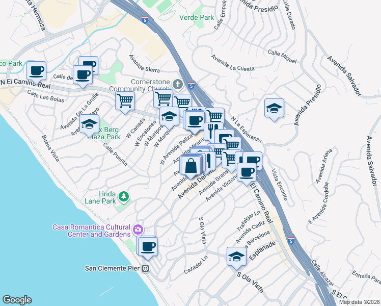 map of restaurants, bars, coffee shops, grocery stores, and more near 157 Avenida Miramar in San Clemente