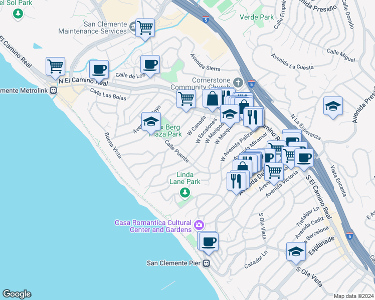 map of restaurants, bars, coffee shops, grocery stores, and more near 156 West Escalones in San Clemente