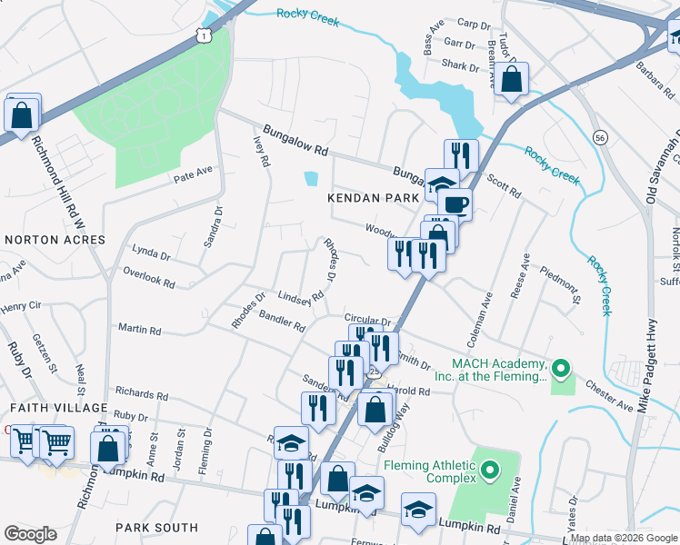 map of restaurants, bars, coffee shops, grocery stores, and more near 2518 Rhodes Drive in Augusta
