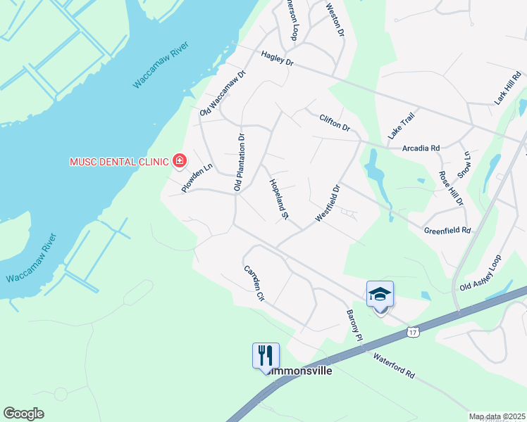 map of restaurants, bars, coffee shops, grocery stores, and more near 97 Wicklow Way in Pawleys Island