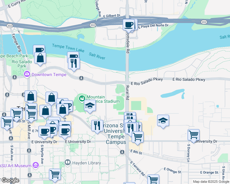 map of restaurants, bars, coffee shops, grocery stores, and more near 201 South Packard Drive in Tempe