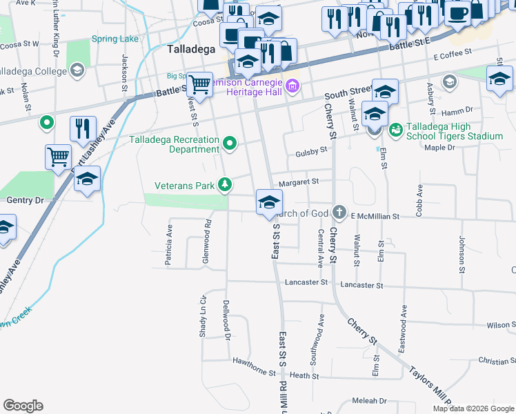 map of restaurants, bars, coffee shops, grocery stores, and more near 616 South Court Street in Talladega