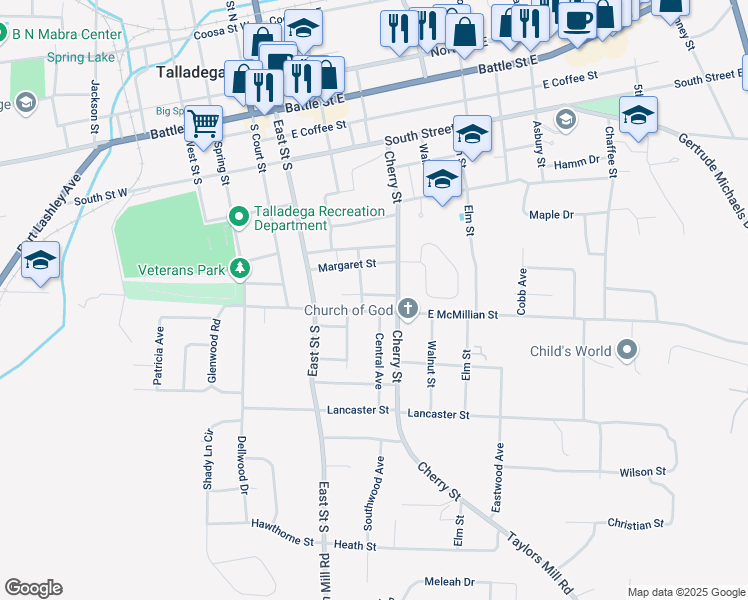 map of restaurants, bars, coffee shops, grocery stores, and more near 622 Park Avenue in Talladega