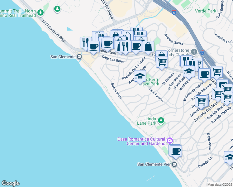 map of restaurants, bars, coffee shops, grocery stores, and more near 1201 Buena Vista in San Clemente