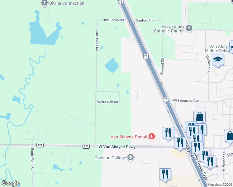 map of restaurants, bars, coffee shops, grocery stores, and more near 168 White Creek Road in Van Alstyne