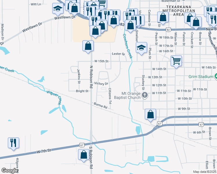map of restaurants, bars, coffee shops, grocery stores, and more near 2 East Midway Drive in Texarkana