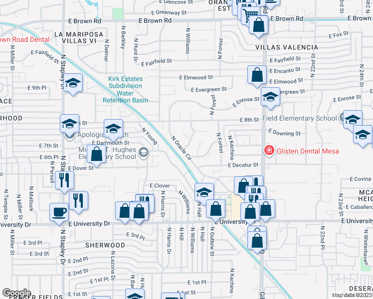 map of restaurants, bars, coffee shops, grocery stores, and more near 654 North Oracle Circle in Mesa