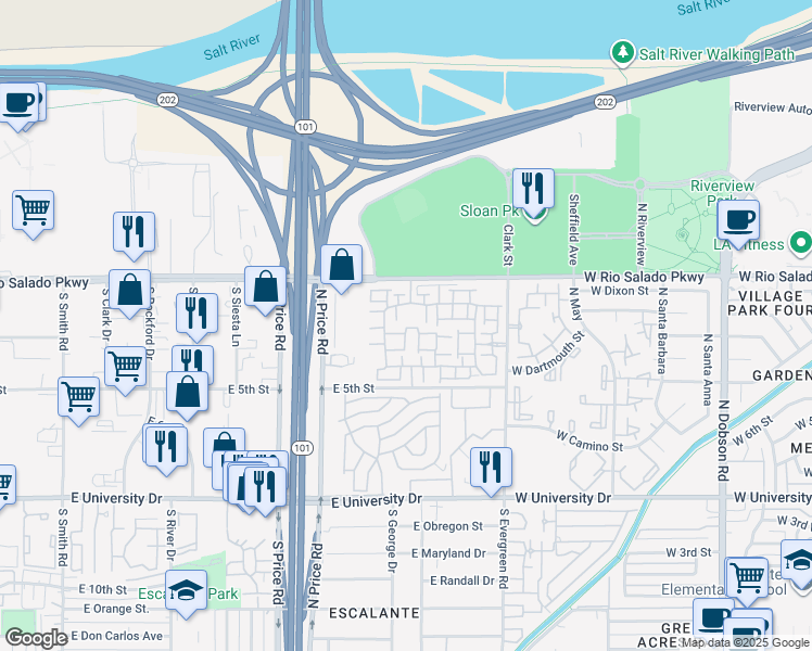 map of restaurants, bars, coffee shops, grocery stores, and more near 2402 East 5th Street in Tempe