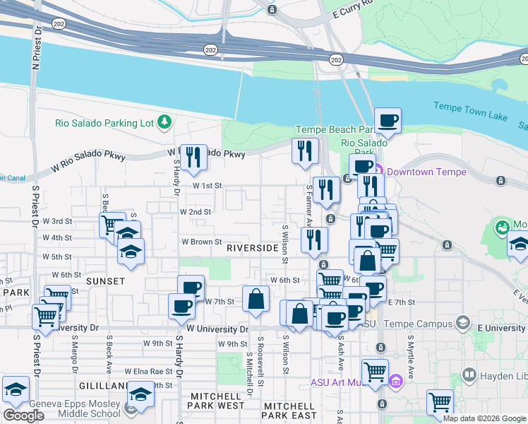 map of restaurants, bars, coffee shops, grocery stores, and more near 264 South Wilson Street in Tempe