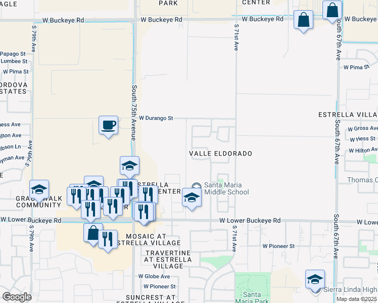 map of restaurants, bars, coffee shops, grocery stores, and more near 2230 South 72nd Lane in Phoenix