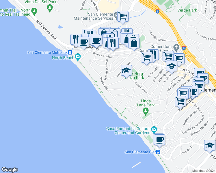 map of restaurants, bars, coffee shops, grocery stores, and more near 1102 Buena Vista in San Clemente
