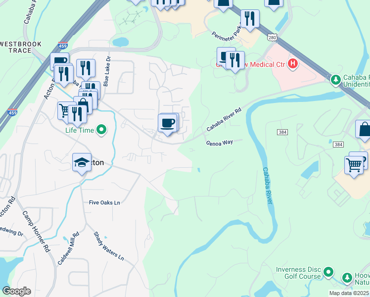 map of restaurants, bars, coffee shops, grocery stores, and more near 4928 Cahaba River Road in Vestavia Hills