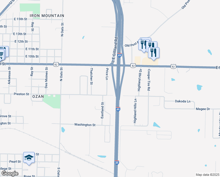 map of restaurants, bars, coffee shops, grocery stores, and more near L.E. Gilliand Drive in Texarkana