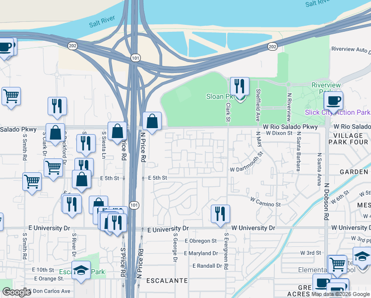 map of restaurants, bars, coffee shops, grocery stores, and more near 2402 East 5th Street in Tempe