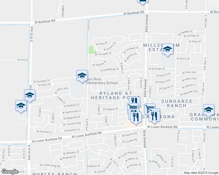 map of restaurants, bars, coffee shops, grocery stores, and more near 2040 South 85th Lane in Tolleson